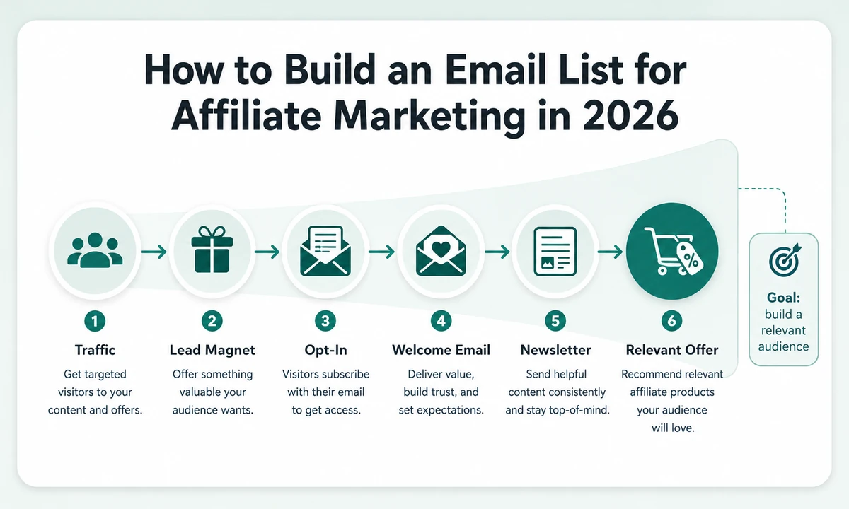 Affiliate email list building funnel showing traffic, lead magnet, opt-in, welcome email, newsletter and relevant offer