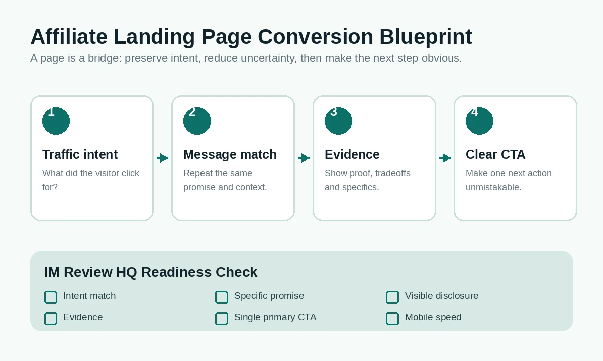 Affiliate landing page conversion blueprint showing traffic intent, message match, evidence and a clear call to action