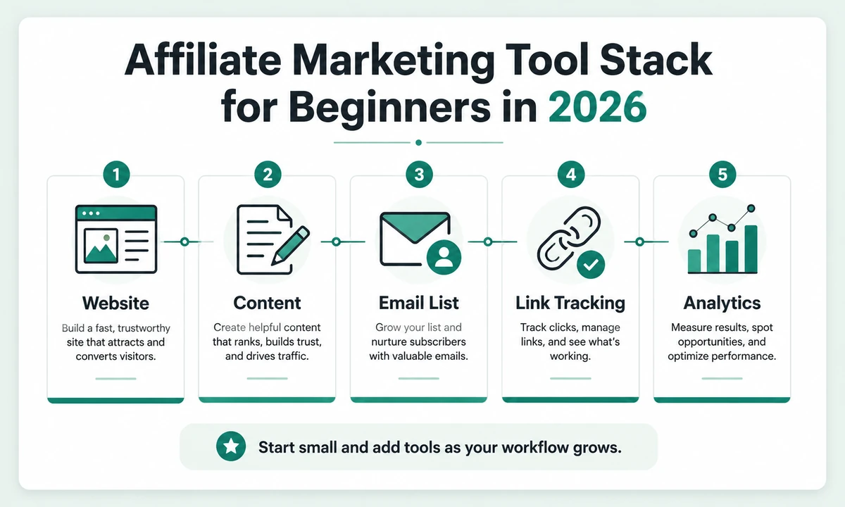 Affiliate marketing tool stack for beginners showing website, content, email list, link tracking and analytics