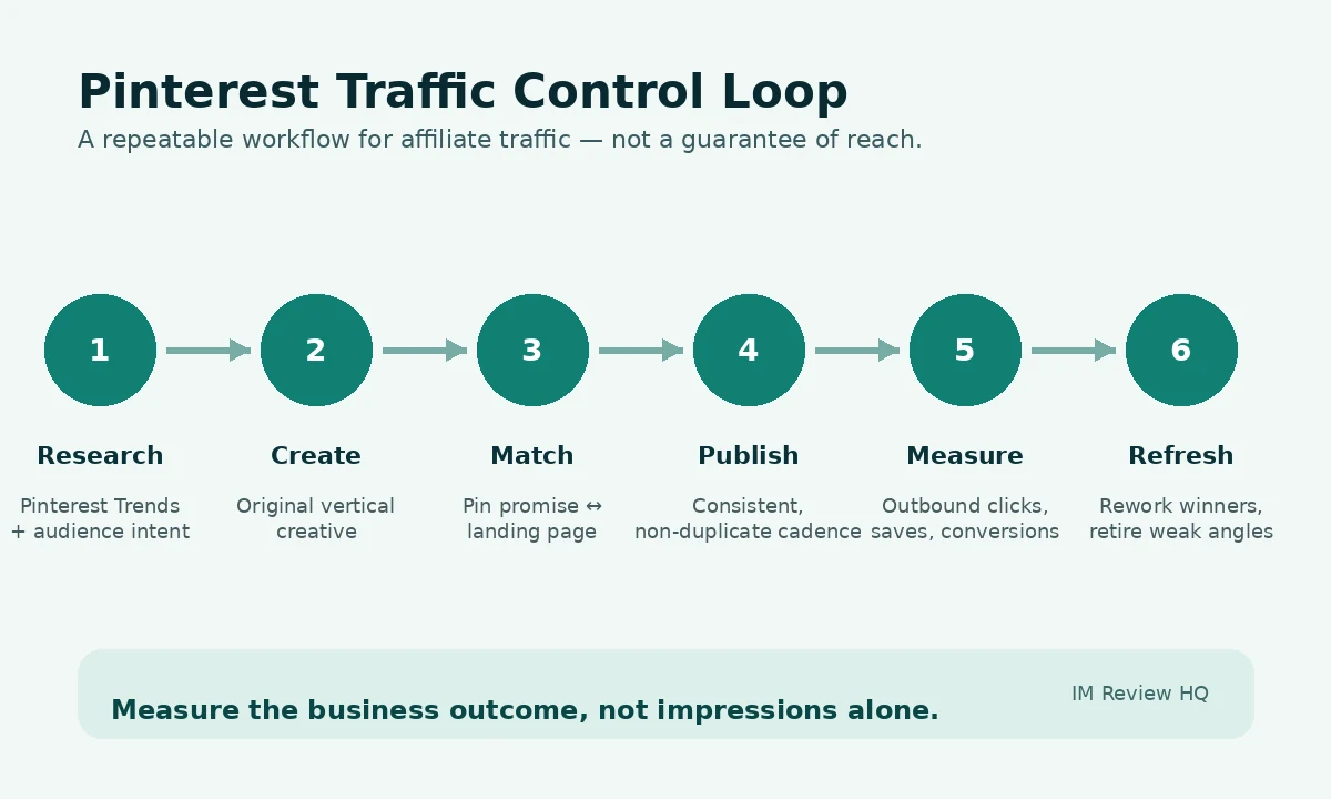 Pinterest traffic control loop showing research, create, match, publish, measure and refresh