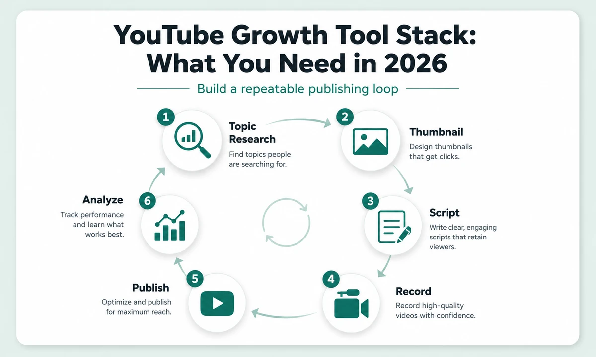 YouTube growth workflow loop showing topic research, thumbnail, script, record, publish and analyze