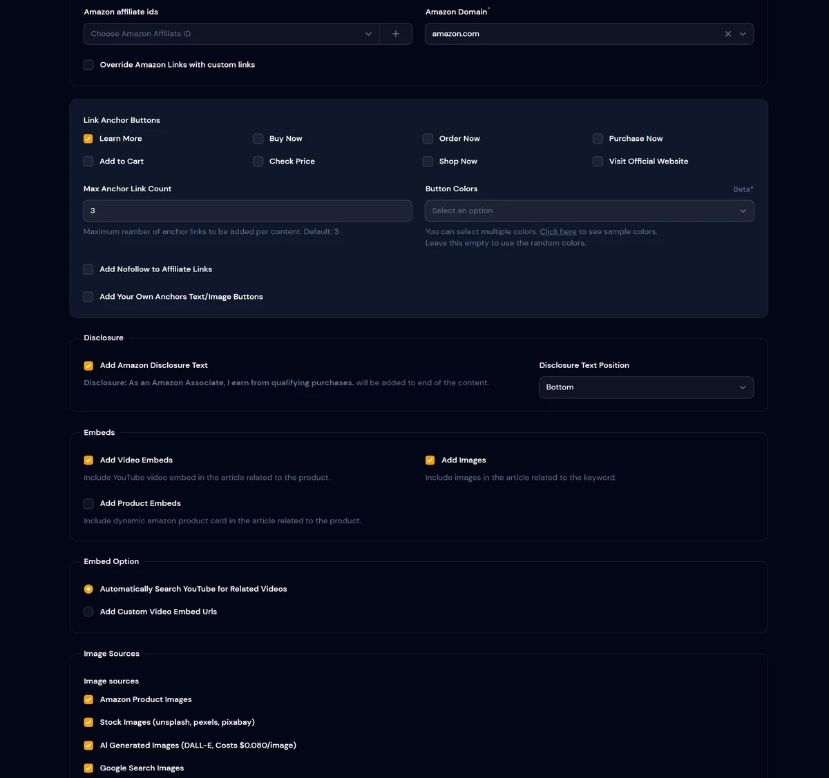 Official AIWiseMind Amazon review campaign settings showing affiliate links, disclosures and media options