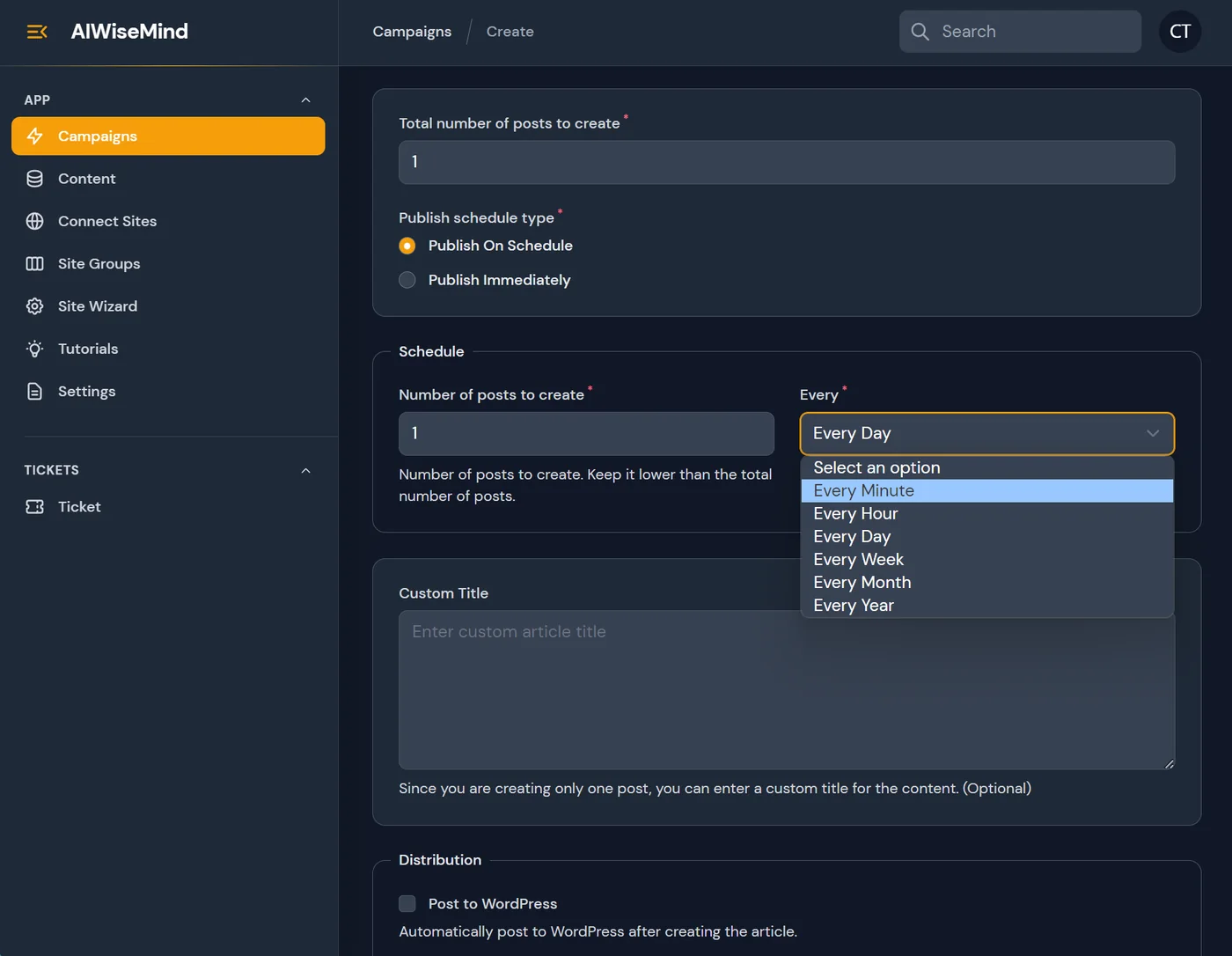 AIWiseMind campaign scheduling screen with daily publishing frequency and WordPress distribution options