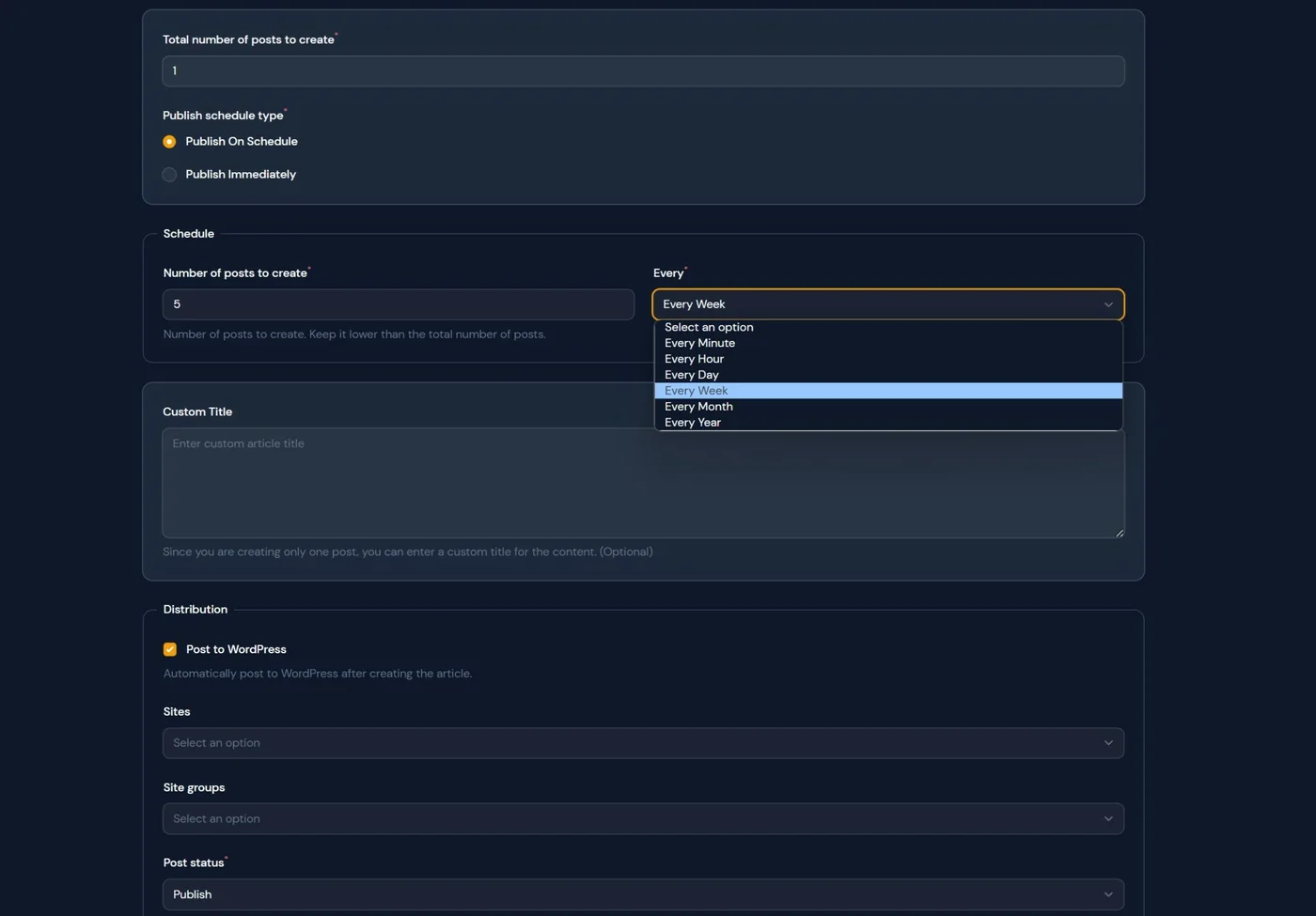AIWiseMind Connect WordPress Site dialog with site URL, WordPress username and application password fields