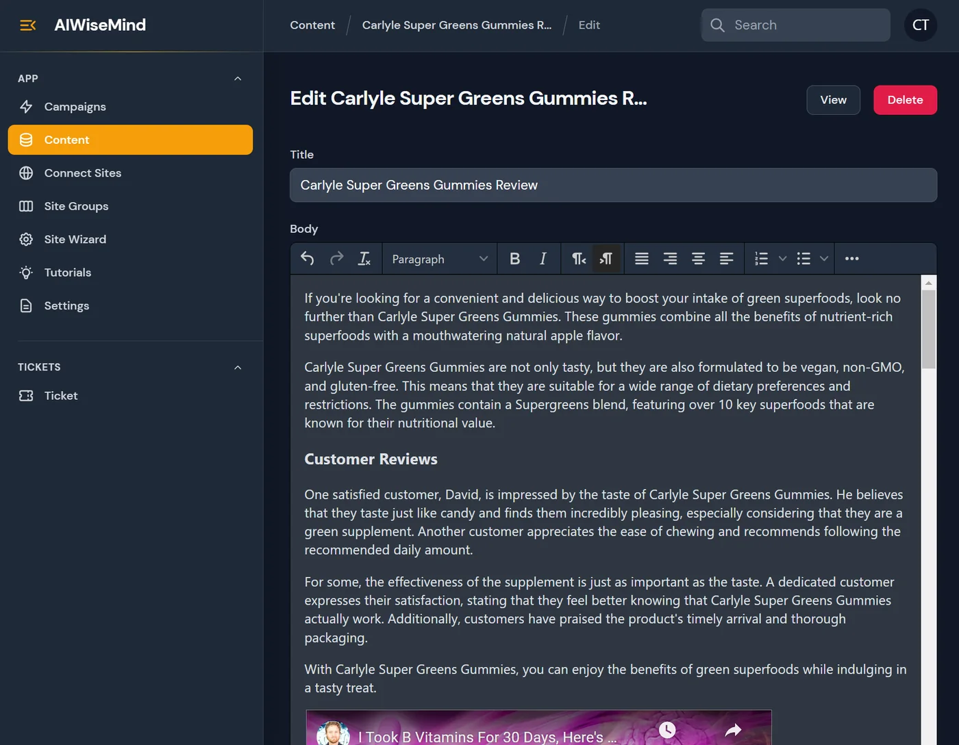 AIWiseMind content library showing published Amazon review posts with word counts and post actions