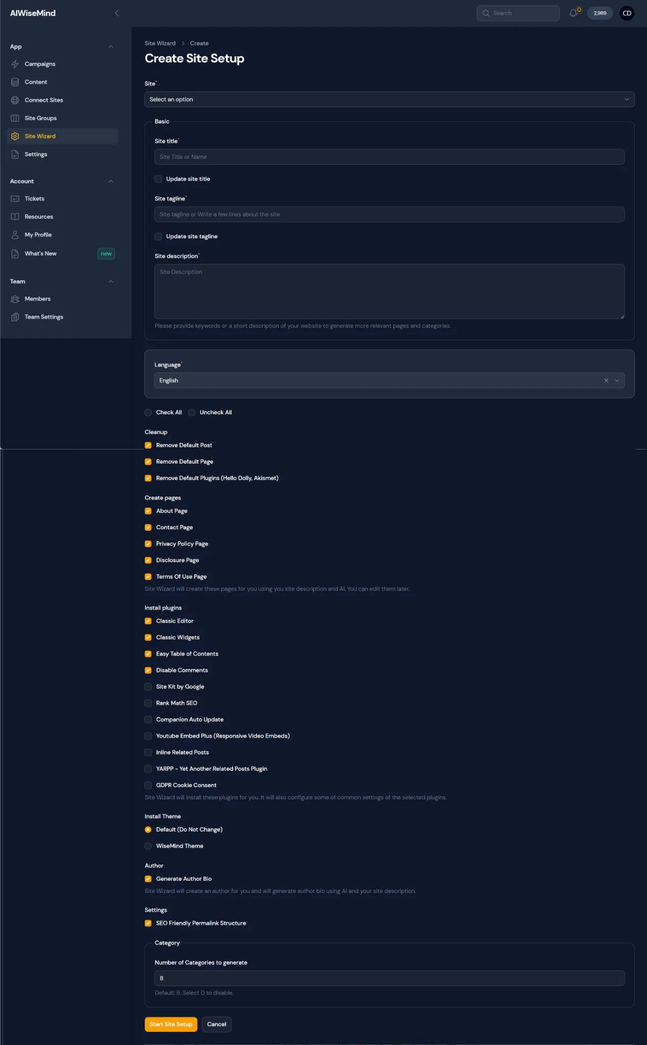 AIWiseMind Site Wizard setup screen with site pages, plugins, theme, author and category options