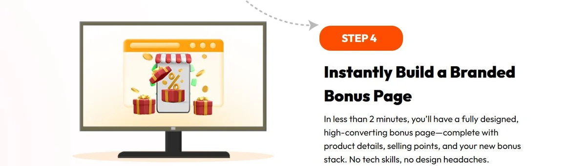 Bonus Builder AI step 4 showing branded bonus page creation