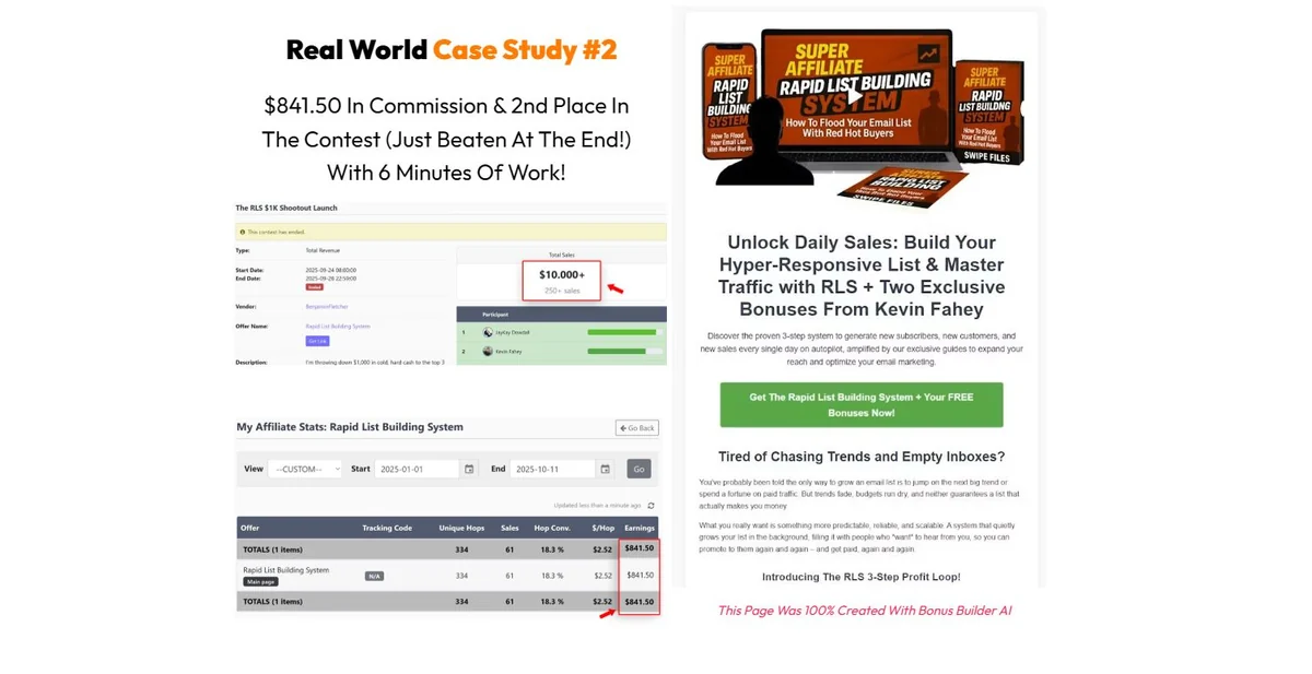 Bonus Builder AI vendor case study showing contest and commission results