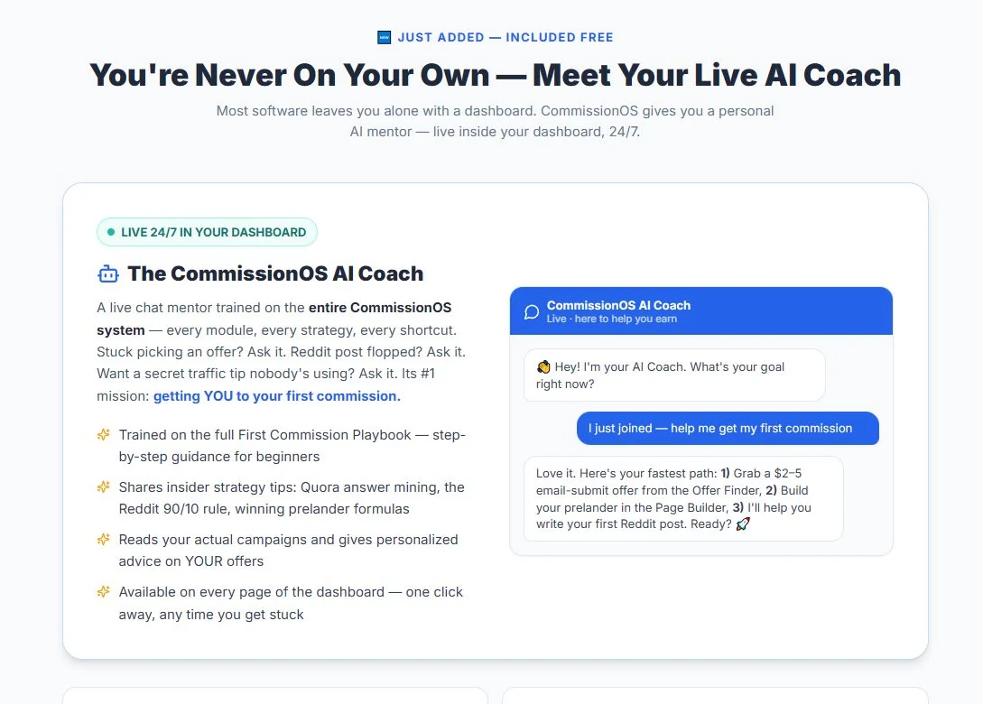 CommissionOS AI Coach sales page section showing a live dashboard chat mentor