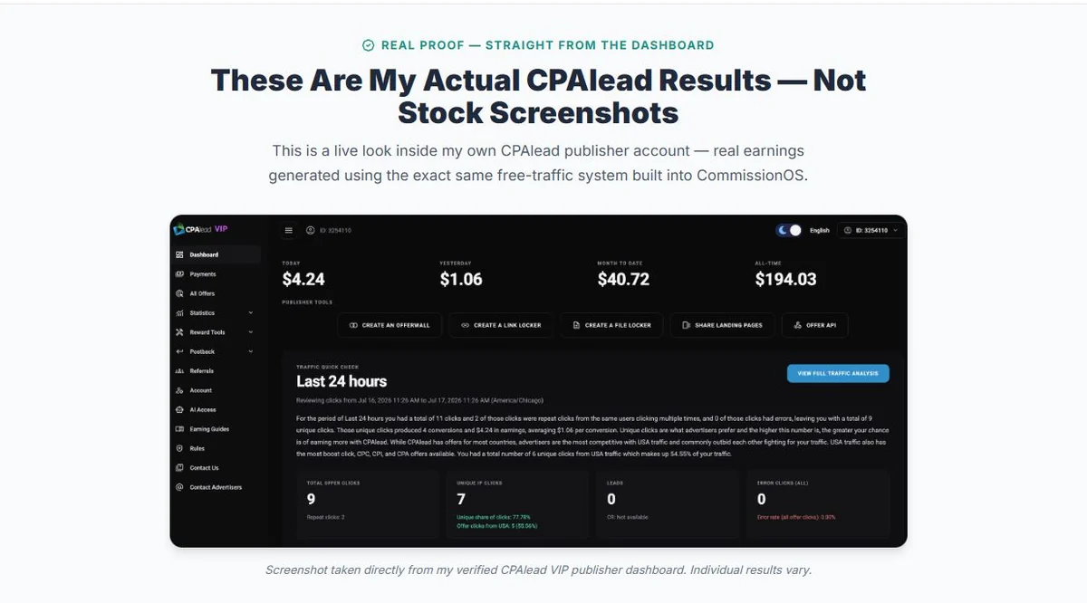 CommissionOS vendor sales page showing a CPAlead publisher dashboard as campaign proof