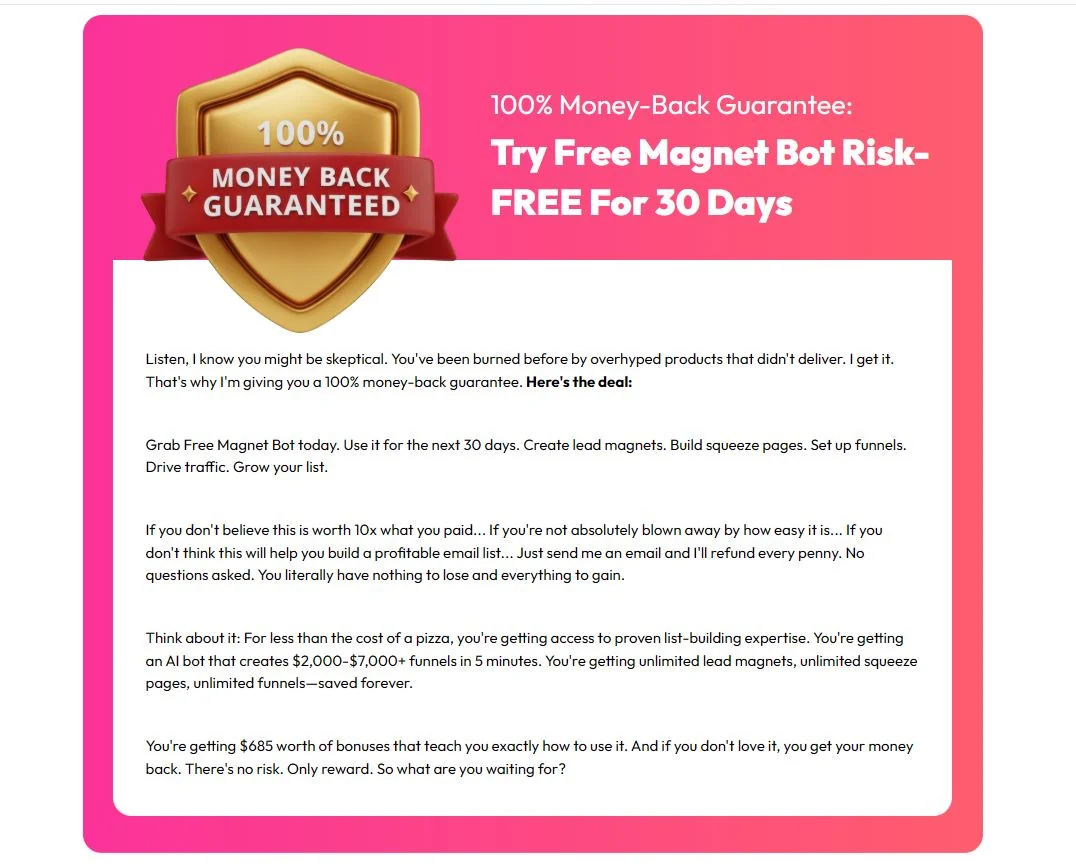 Free Magnet Bot AI earlier vendor sales material showing a 30-day guarantee