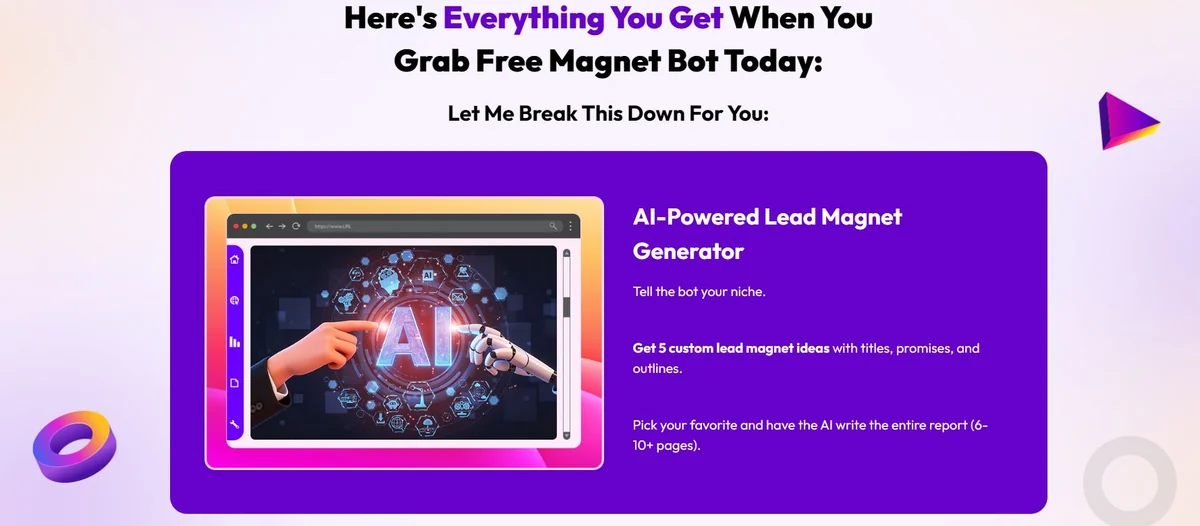 Free Magnet Bot AI sales page showing the AI-powered lead magnet generator
