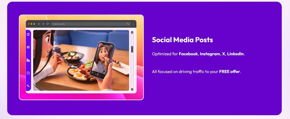 Free Magnet Bot AI sales page showing social media posts for Facebook Instagram X and LinkedIn