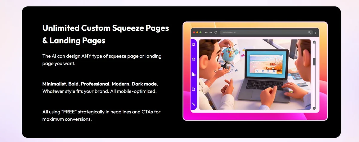 Free Magnet Bot AI sales page showing unlimited custom squeeze pages and landing pages