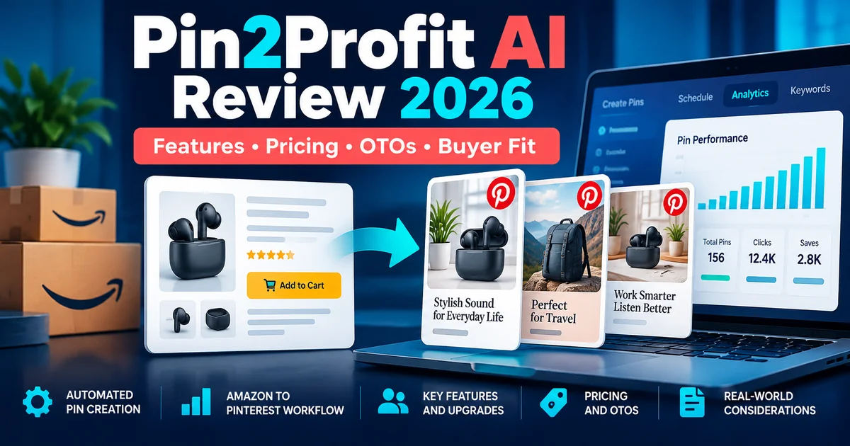 Pin2Profit AI Review 2026 editorial illustration of an Amazon-to-Pinterest campaign workflow, not an actual software screenshot