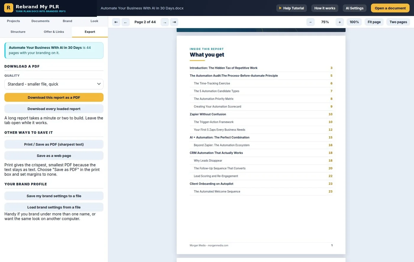 Official Rebrand My PLR Export tab showing PDF download, print and saved web-page output options