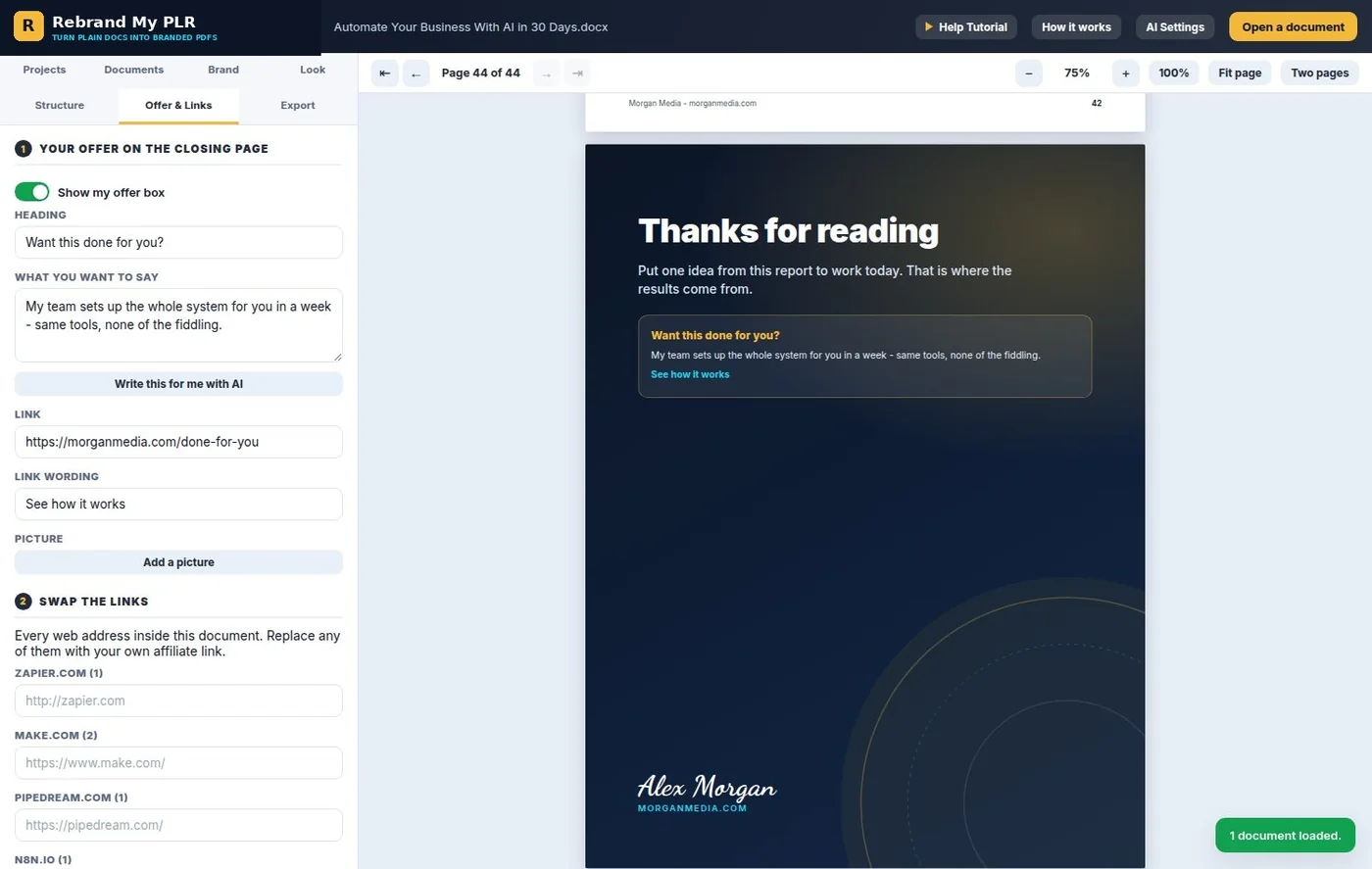 Official Rebrand My PLR Offer and Links tab showing a closing-page offer and link replacement controls