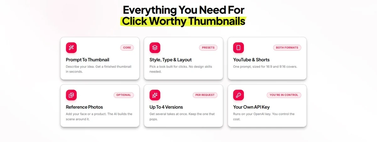 Thumbium feature overview listing prompt to thumbnail styles YouTube and Shorts reference photos variations and own API key