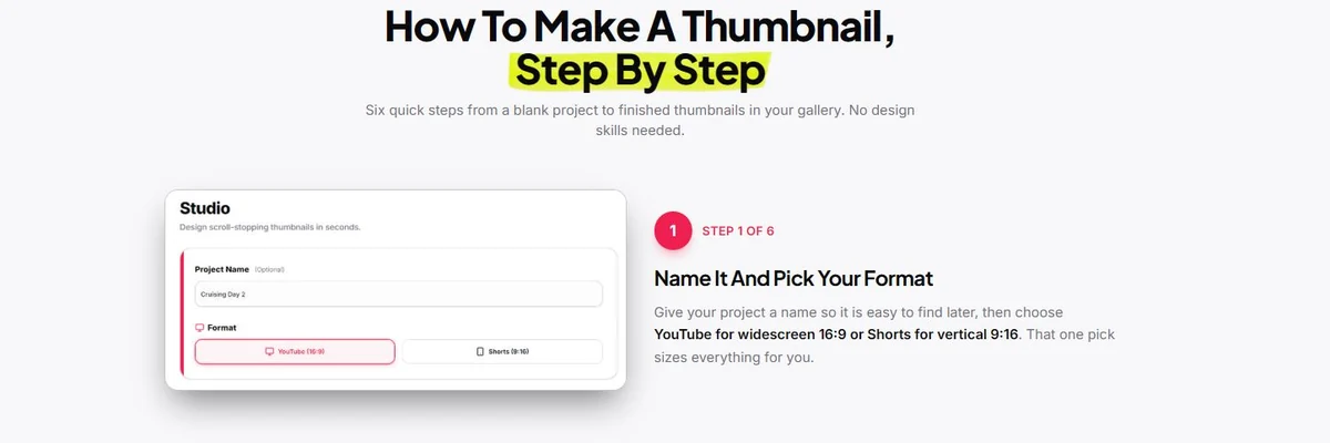 Thumbium step 1 showing project naming and YouTube or Shorts format selection