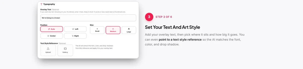 Thumbium step 3 showing overlay text position size and text style reference controls