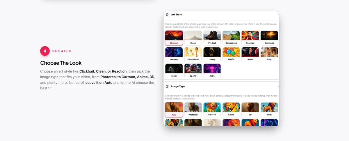 Thumbium step 4 showing art style and image type options