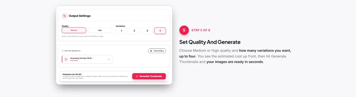 Thumbium step 5 showing quality variations estimated generation cost and generate button