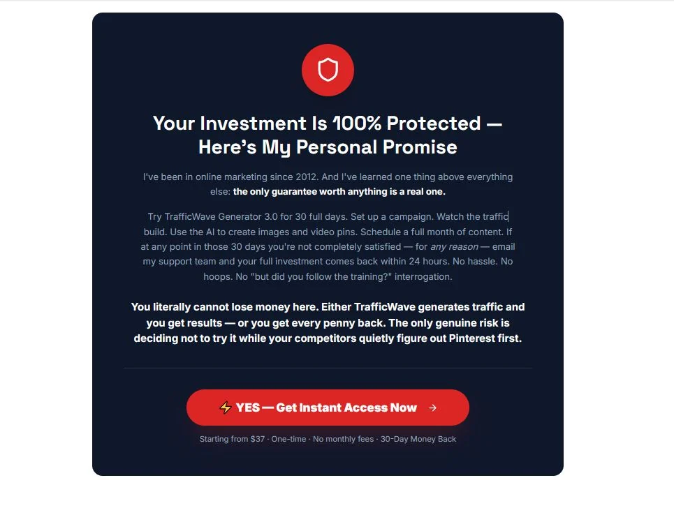 TrafficWave Generator 3.0 sales page showing its 30-day money-back guarantee