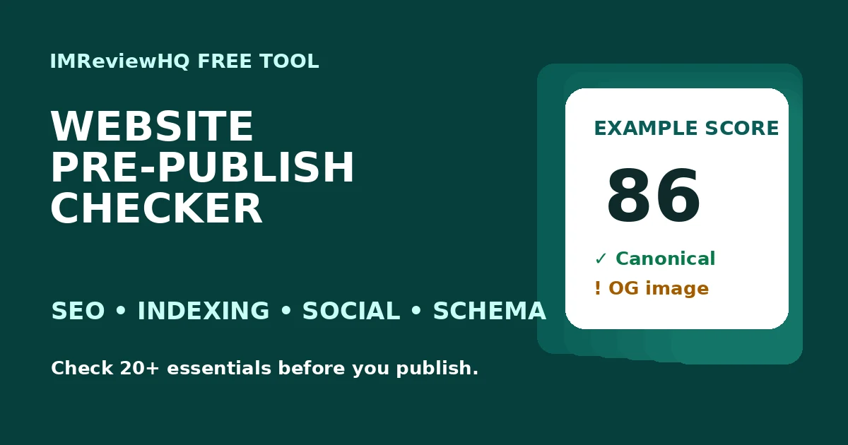 Website Pre-Publish Checker showing an example website audit score with SEO, indexing, social and schema checks