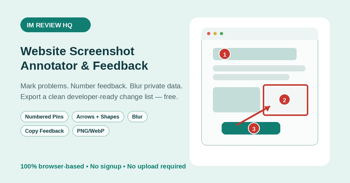 Website Screenshot Annotator with numbered feedback markers, arrows and developer notes